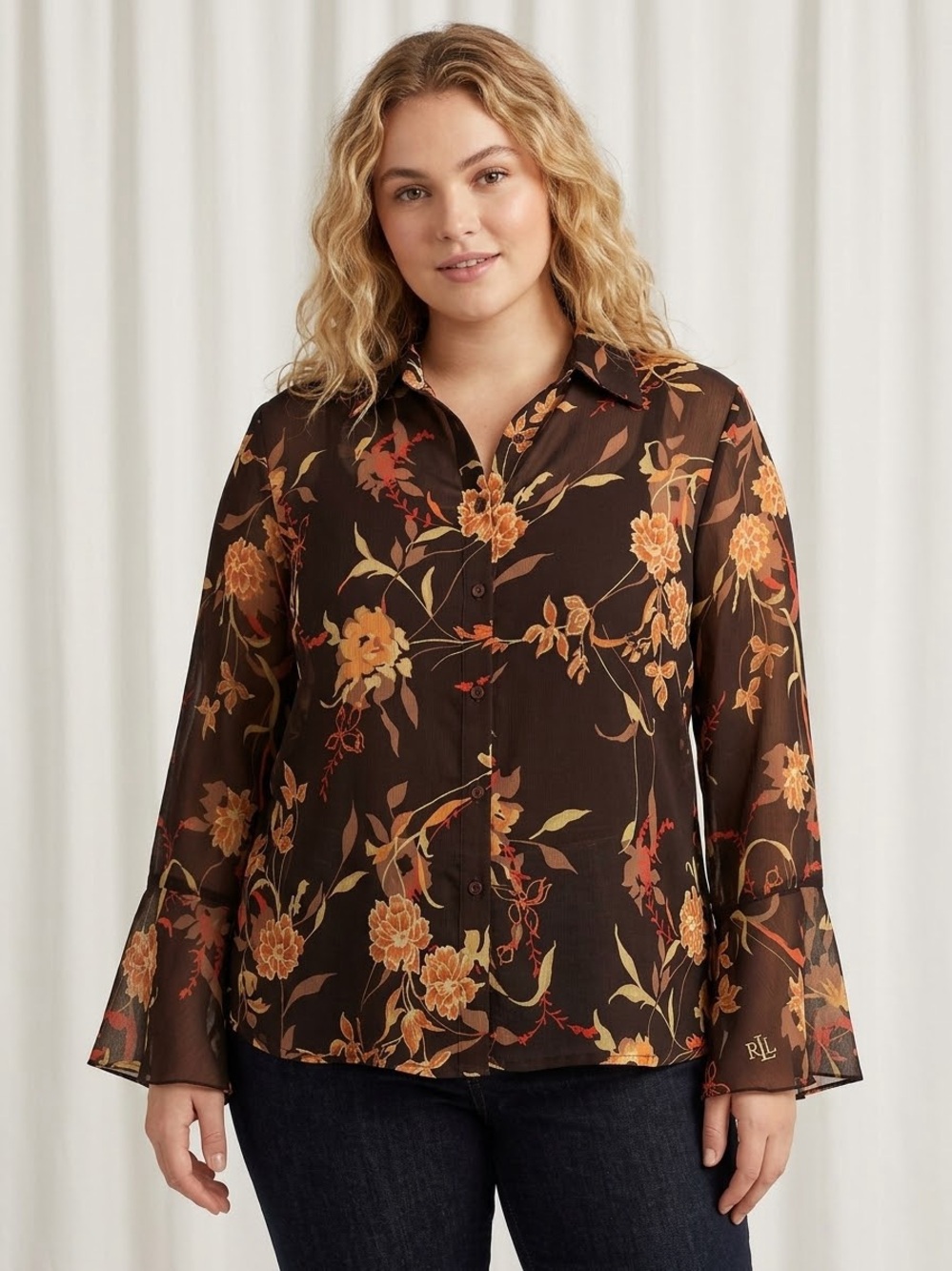 VINTAGE 90s Y2K JohnPaulRichard Brown Sheer Floral Button-Down Blouse